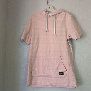 Short Sleeve Stripe Hoodie M Pink White Kangaroo Pocket Indie Sleaze Boho Preppy